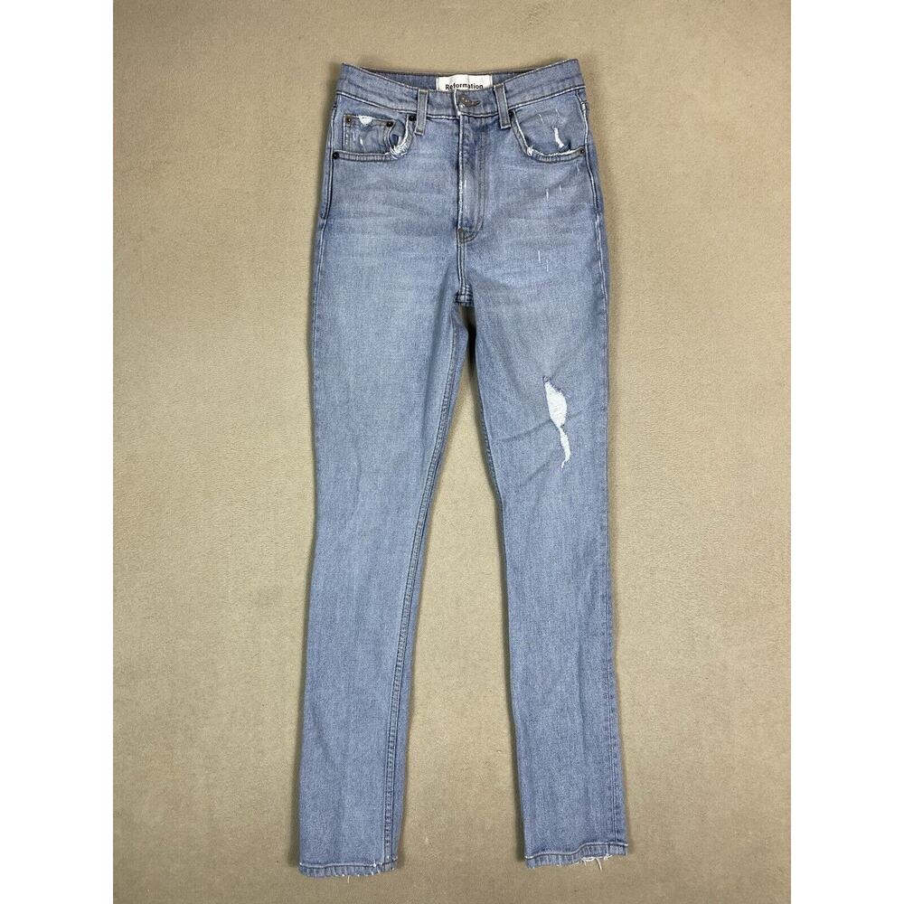 Reformation Jeans Womens 24 Blue Hepburn Skinny Distressed Stretch Mid Rise‎